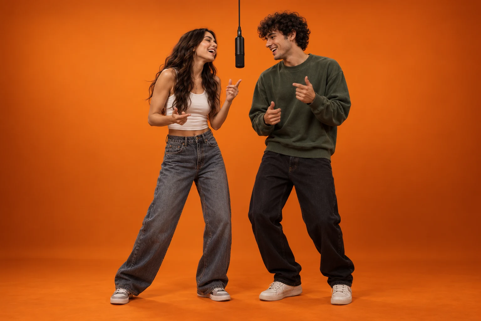 Two cheerful young adult friends standing close together, laughing and gesturing around a central hanging black microphone on an orange stage.