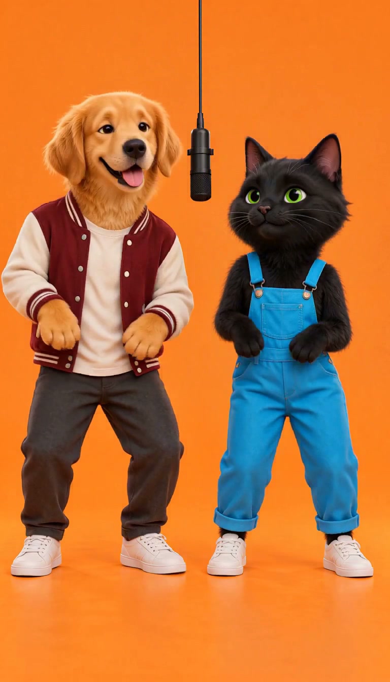 Golden retriever & black cat: original generated orange booth scene